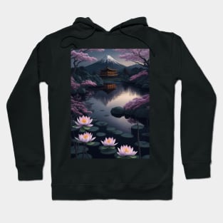 Serene Mount Fuji Sunset - Peaceful River Scenery - Lotus Flowers Hoodie